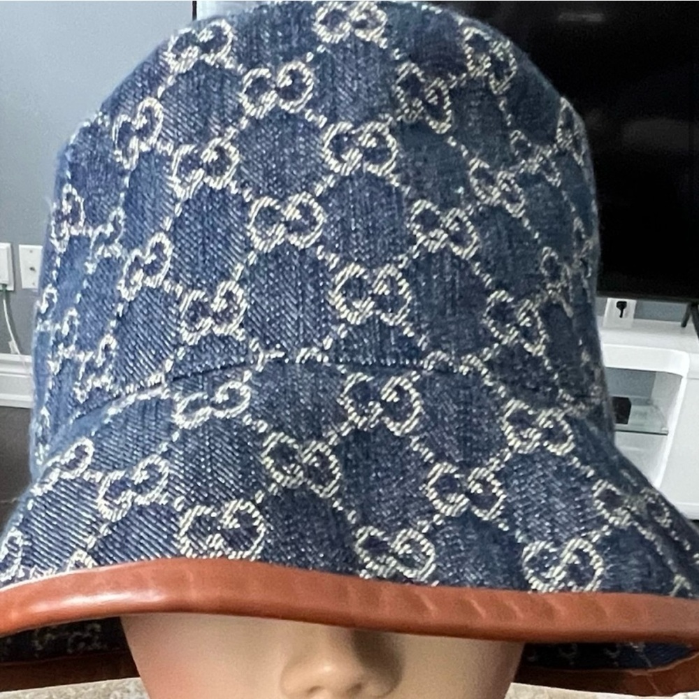 Authentic Gucci Washed Jacquard Denim Nappa GG Monogram Oscar Bucket Hat
